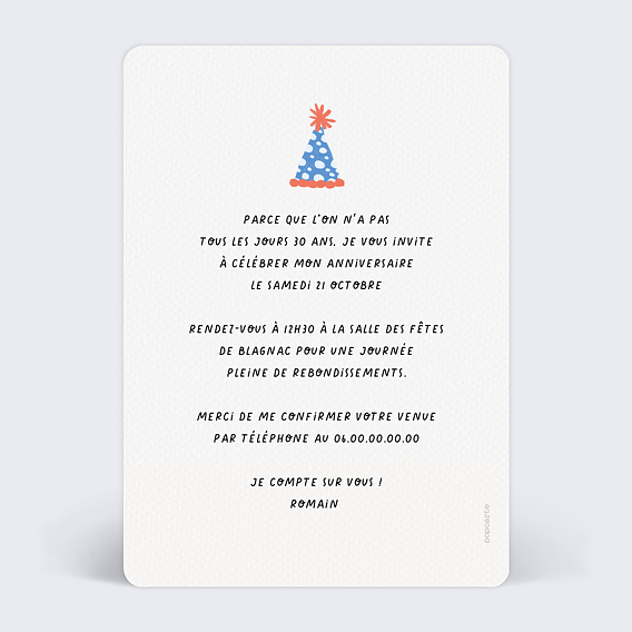 Invitation anniversaire Mets ton Chapeau Verso