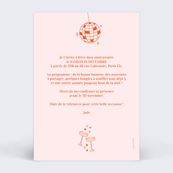 Invitation anniversaire Petits objets de fête Verso