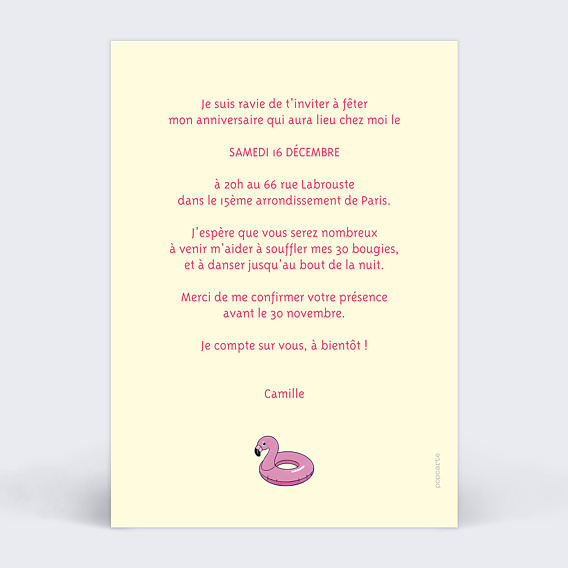 Invitation anniversaire Piscine fun Verso