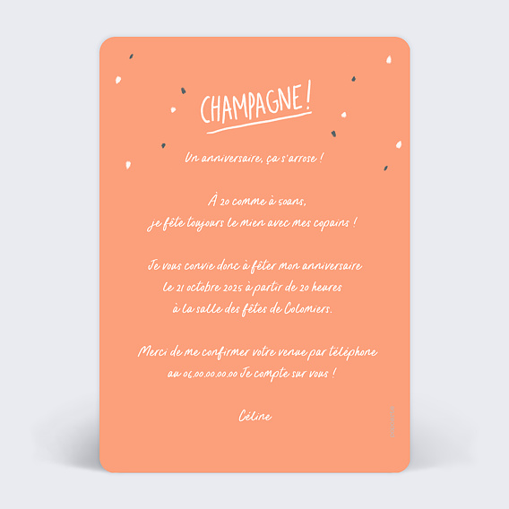 Invitation anniversaire Soirée Champagne Verso