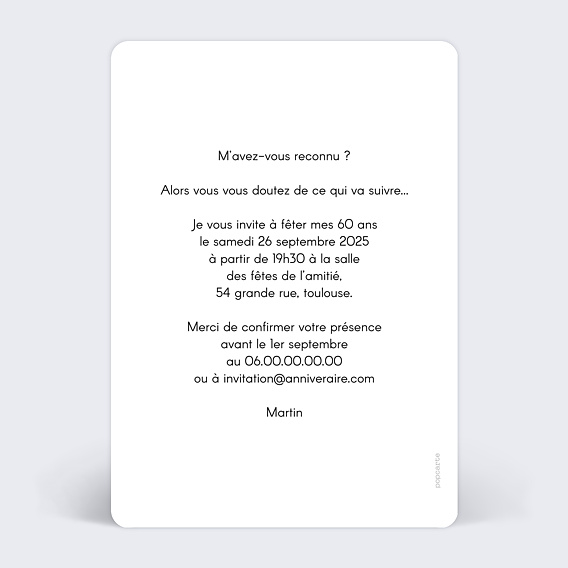 Invitation anniversaire Typographie Blanc Verso