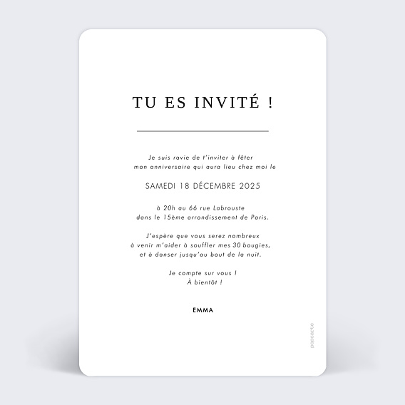 Invitation anniversaire Bal Masqué Verso