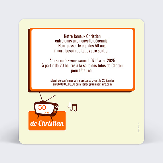 Invitation anniversaire Années 70 Verso