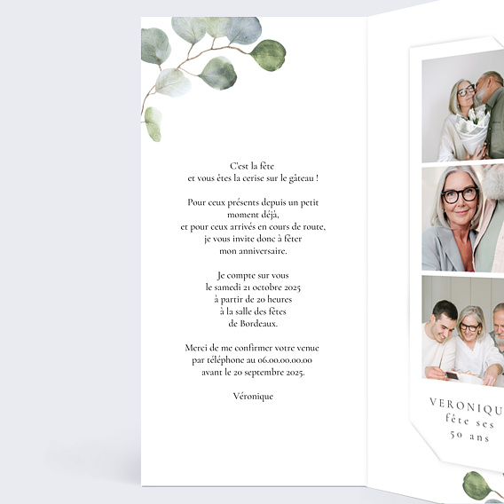 Invitation anniversaire Cadre Ocre Eucalyptus Intérieur Gauche