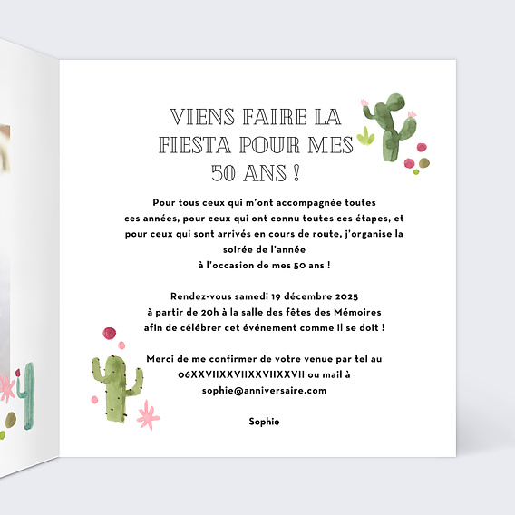 Invitation anniversaire Cactus Intérieur Droit