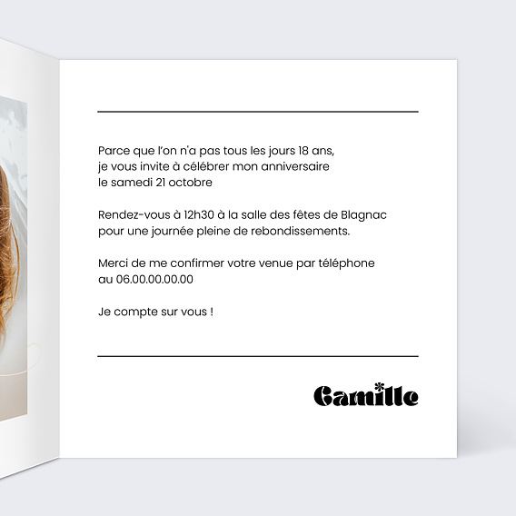 Invitation anniversaire 18 ans Moderne Intérieur Droit