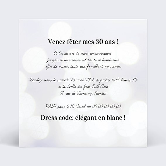 Invitation Anniversaire Adulte Soirée Blanche