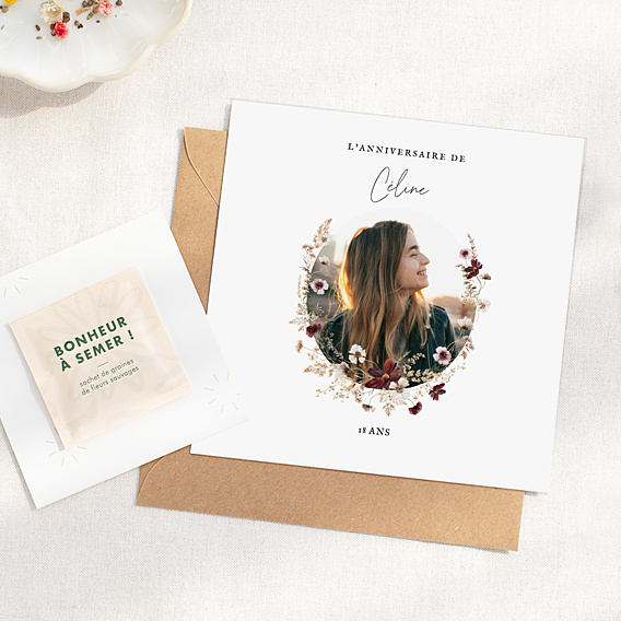 Invitation anniversaire Couronne de fleurs graines