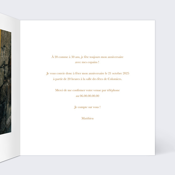 Invitation anniversaire Photo Souvenir Ocre 30 Intérieur Droit