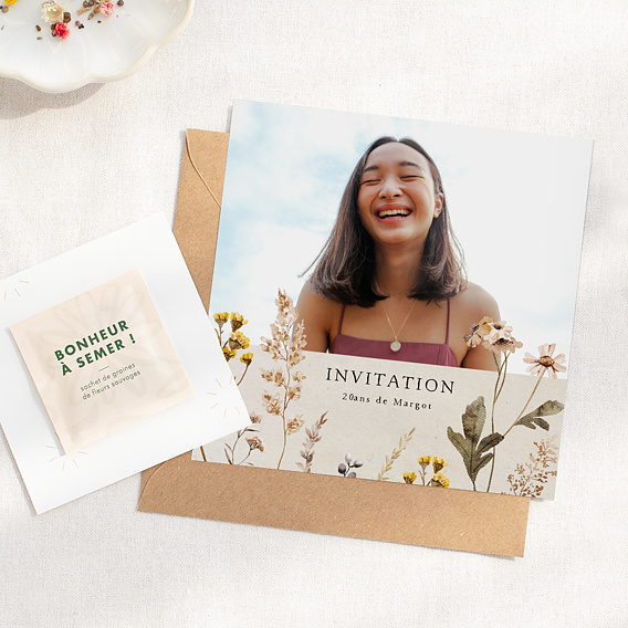 Invitation anniversaire Fleurs séchées avec Graines