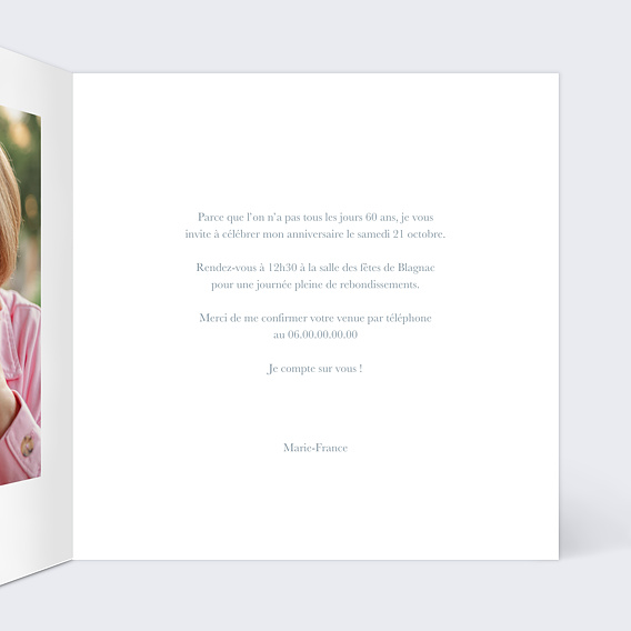 Invitation anniversaire Photo Souvenir Argenté 60 Intérieur Droit