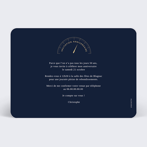 Invitation anniversaire Compteur de Vitesse Verso