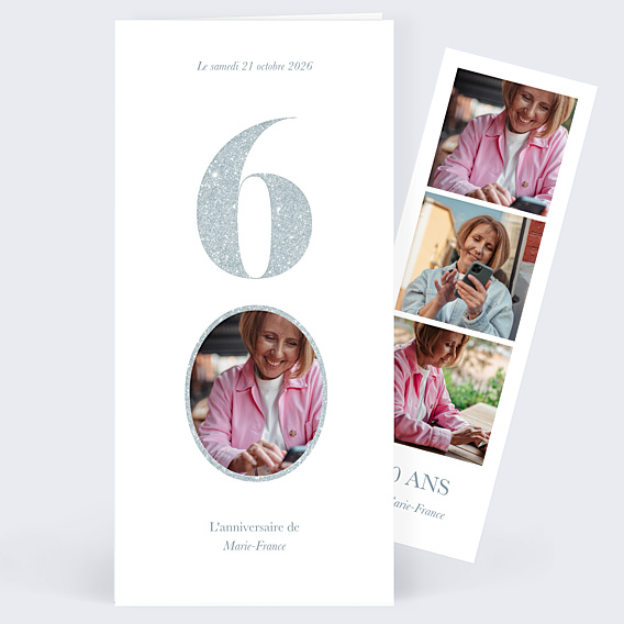 Invitation Anniversaire Adulte Photo Souvenir Argenté 60