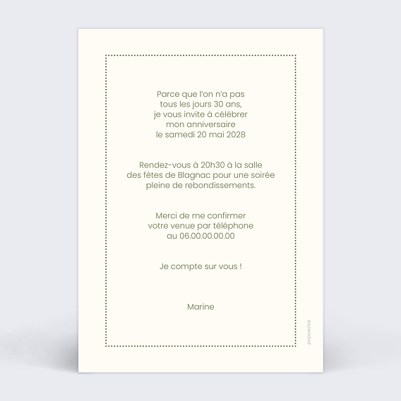 Invitation anniversaire Grands chiffres petite photo Verso