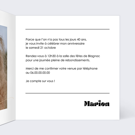 Invitation anniversaire 40 ans Moderne Intérieur Droit