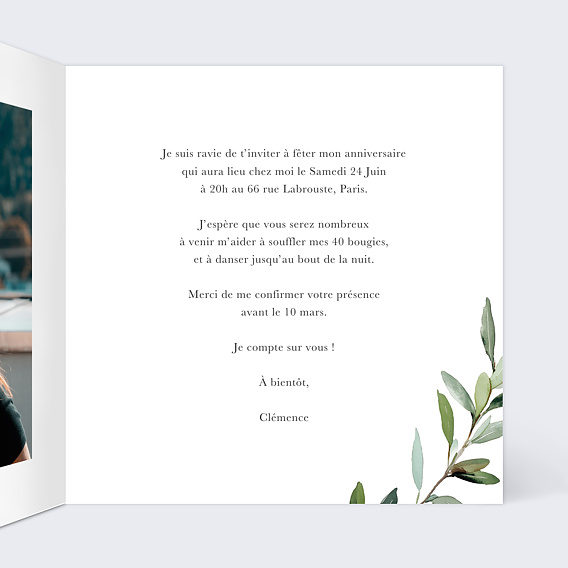 Invitation anniversaire Aquarelle végétale Intérieur Droit