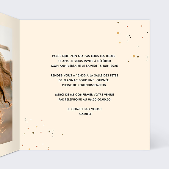 Invitation anniversaire Chiffre Ballon 18 Intérieur Droit