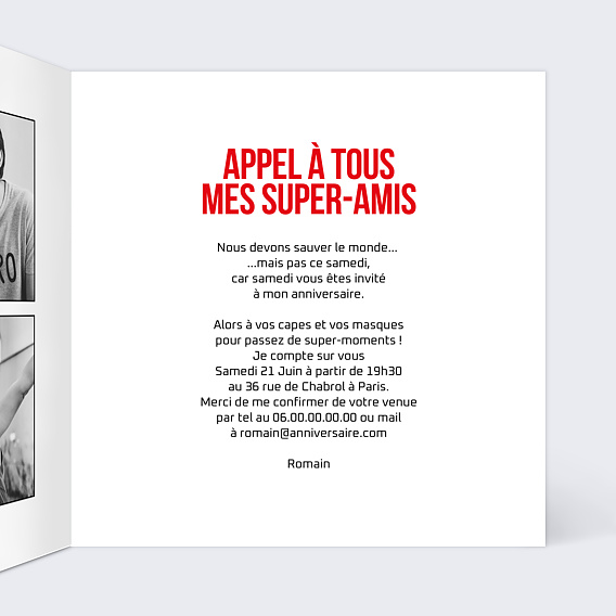 Invitation anniversaire Comics Intérieur Droit