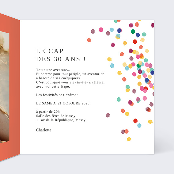 Invitation anniversaire Confettis Photo Intérieur Droit