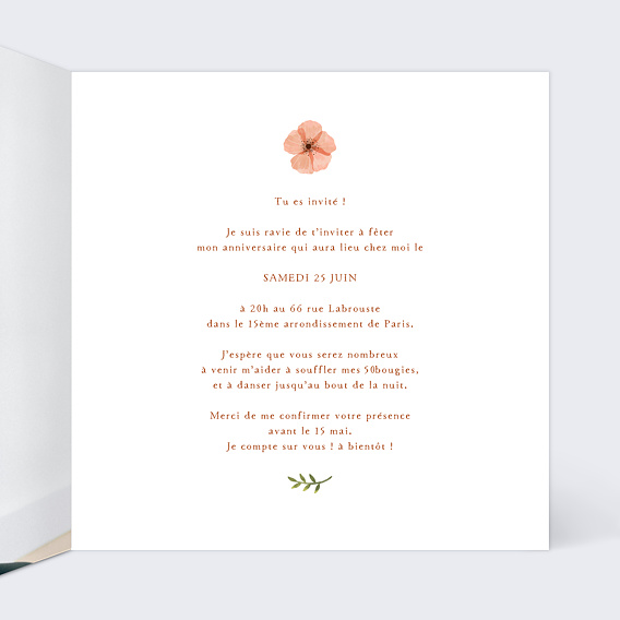 Invitation anniversaire Couronne de fleurs champêtre Intérieur Droit
