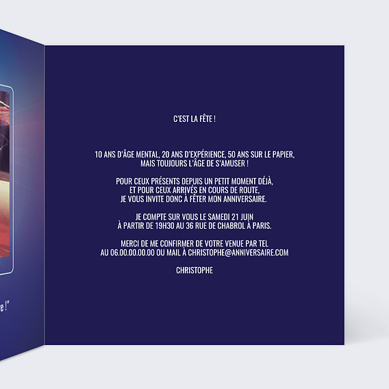 Invitation anniversaire Gagner des Années Intérieur Droit