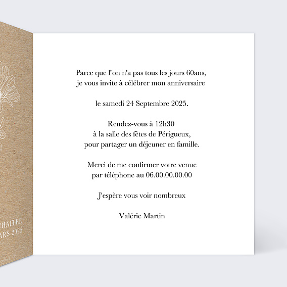 Invitation anniversaire Gravure Fleurs Kraft Intérieur Droit
