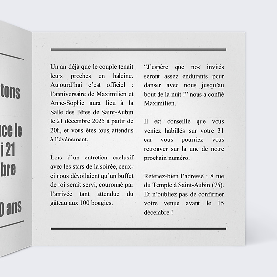 Invitation anniversaire Carte Journal Multianniversaire Intérieur Droit
