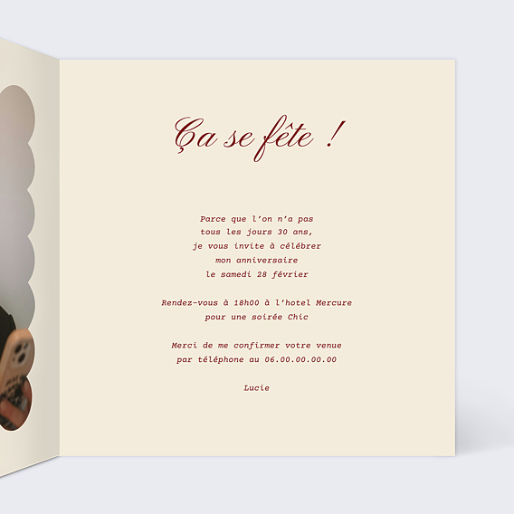 Invitation anniversaire Lettre Intérieur Droit
