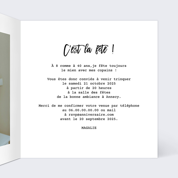 Invitation anniversaire Petits tirages souvenirs Intérieur Droit