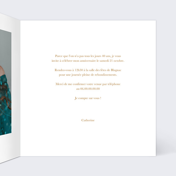 Invitation anniversaire Photo Souvenir Ocre 40 Intérieur Droit