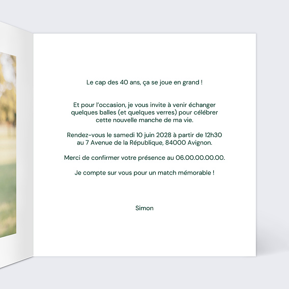 Invitation anniversaire Tennis club Intérieur Droit