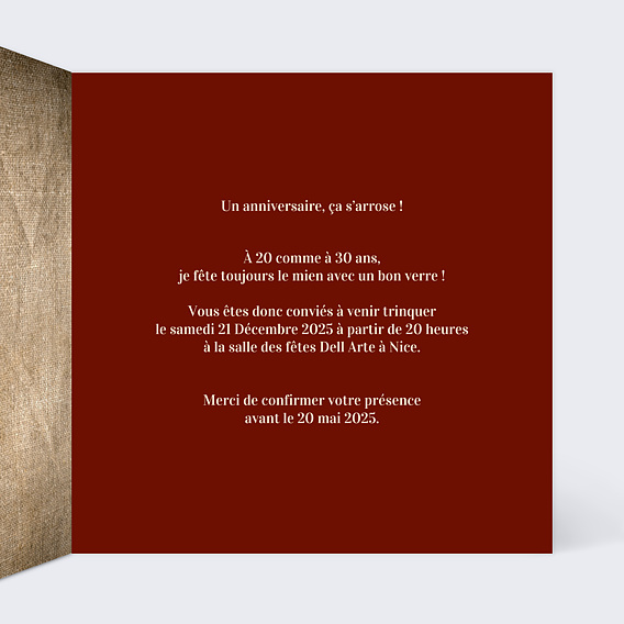 Invitation anniversaire Millésimé Intérieur Droit
