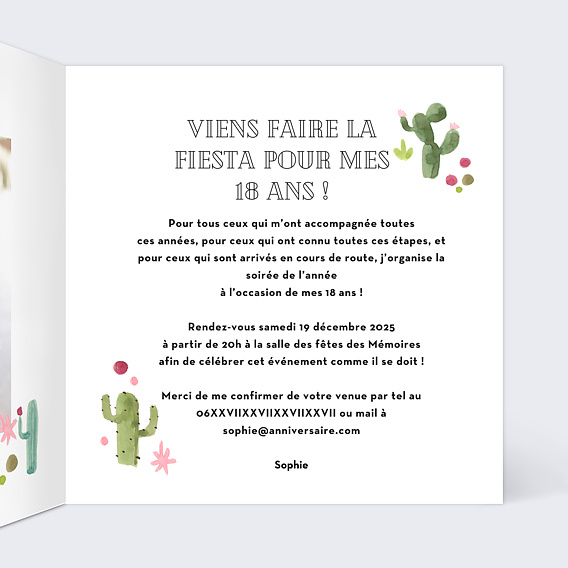 Invitation anniversaire Cactus Intérieur Droit