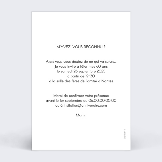 Invitation anniversaire Typographie Cadre Verso