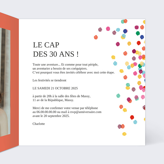 Invitation anniversaire Confettis Colorés Intérieur Droit