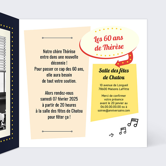 Invitation anniversaire Années 60 Intérieur Droit