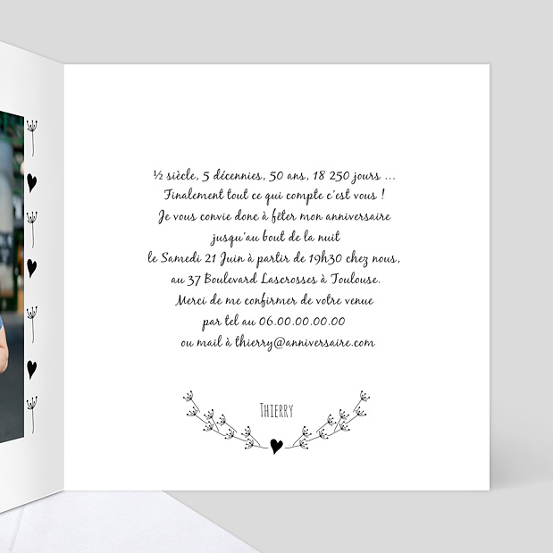 Invitation Anniversaire Coeur Bucolique Dorure Intérieur Droit