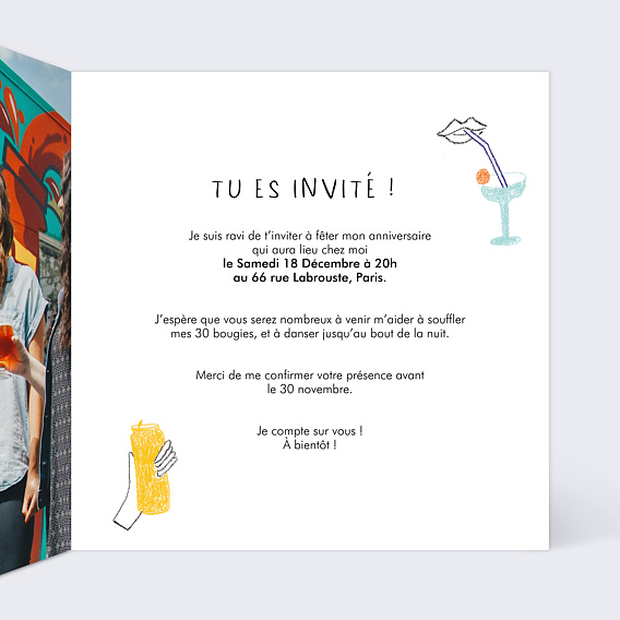 Invitation anniversaire Levons nos Verres Dessin Intérieur Droit