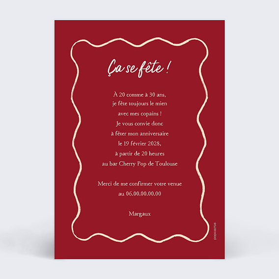 Invitation anniversaire Cocktail cerise Verso