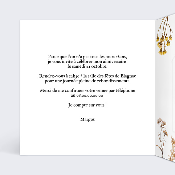 Invitation Anniversaire Adulte Fleurs séchées avec Graines