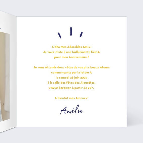 Invitation anniversaire Soirée Lettre Intérieur Droit