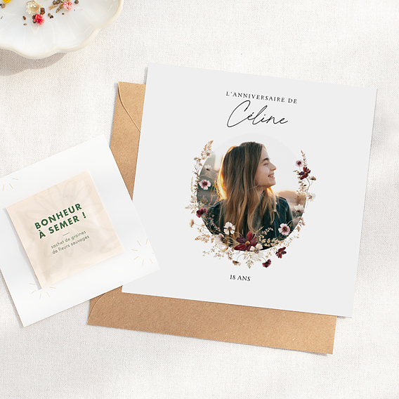 Invitation anniversaire Couronne de fleurs graines