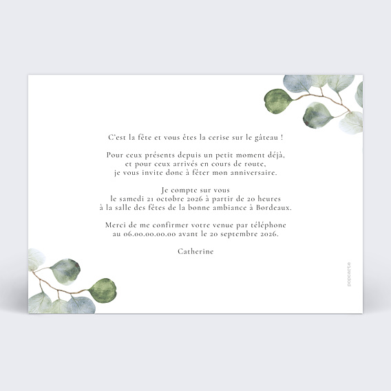 Invitation Anniversaire Adulte Branche d'eucalyptus