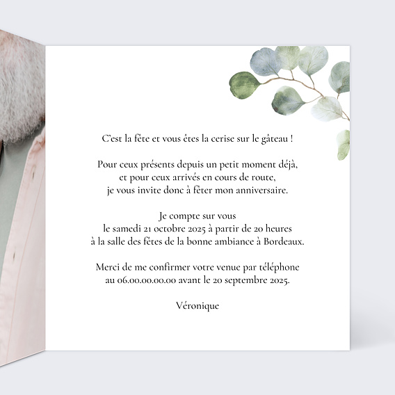 Invitation anniversaire Couronne Eucalyptus Chic Intérieur Droit