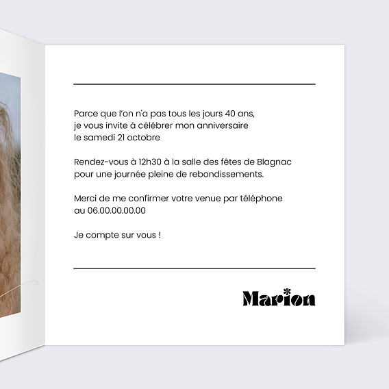 Invitation anniversaire 40 ans Moderne Intérieur Droit