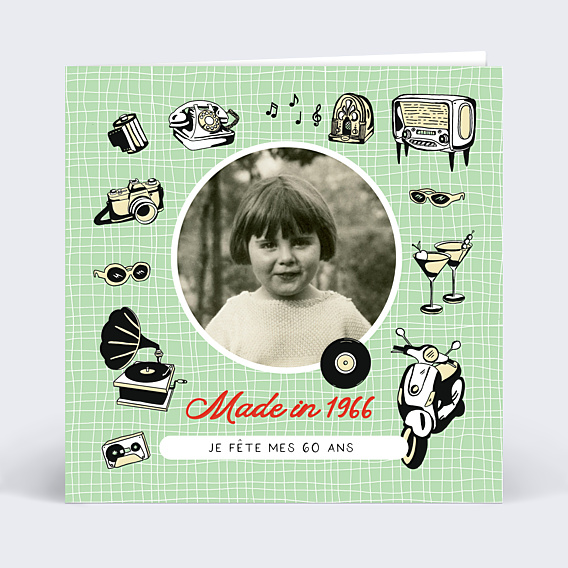 Invitation anniversaire Objets des années 60