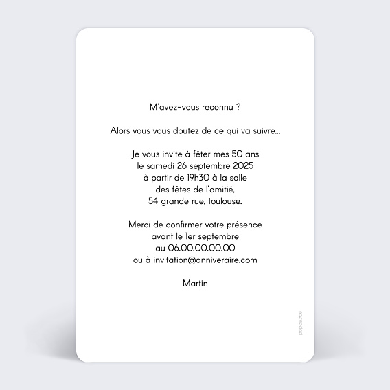 Invitation anniversaire Typographie Blanc Verso