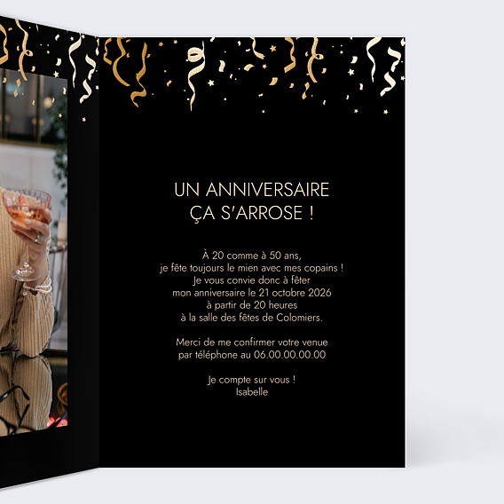 Invitation Anniversaire Adulte Motif Noir & Or Photo