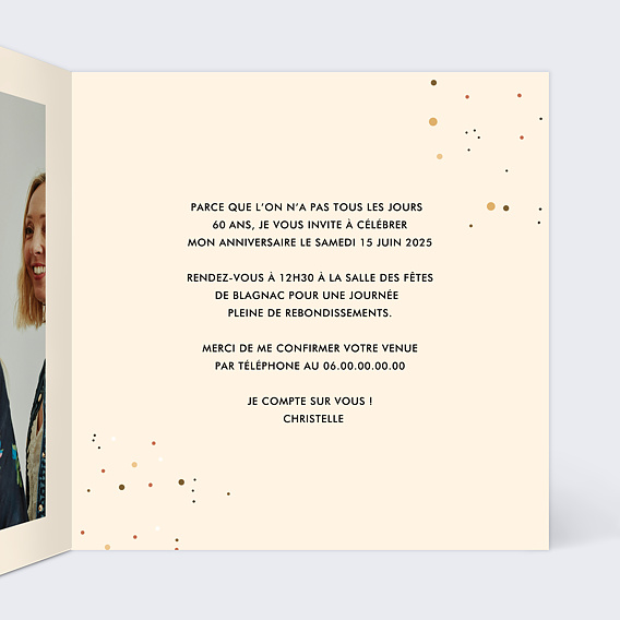 Invitation anniversaire Chiffre Ballon 60 Intérieur Droit