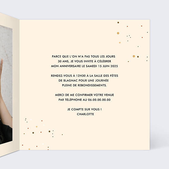 Invitation anniversaire Chiffre Ballon 30 Intérieur Droit